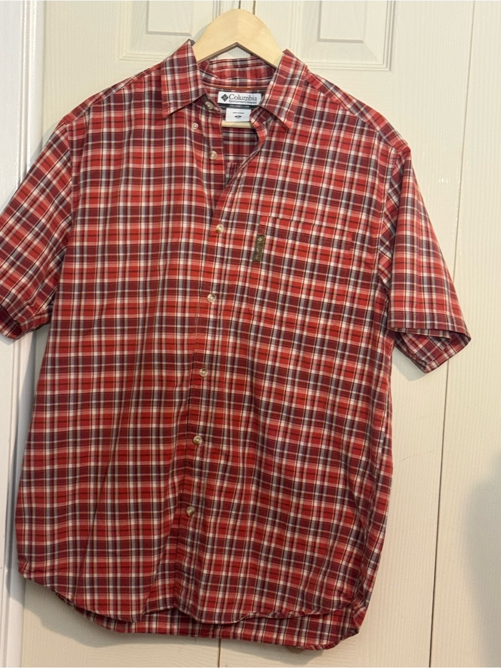 Columbia Men's Red and White Plaid Short-Sleeve Button-Up Shirt